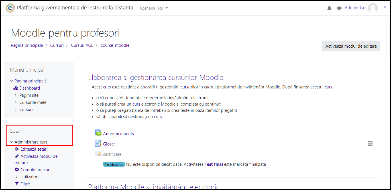 Meniu de administrare a cursului